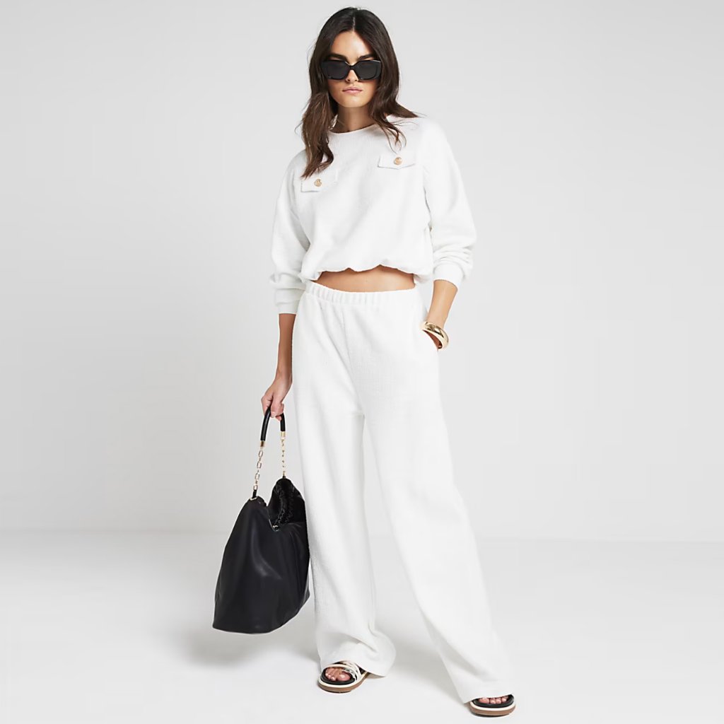 River Island White Boucle Two Piece Matching Sweatshirt And Wide Leg Pant Set M